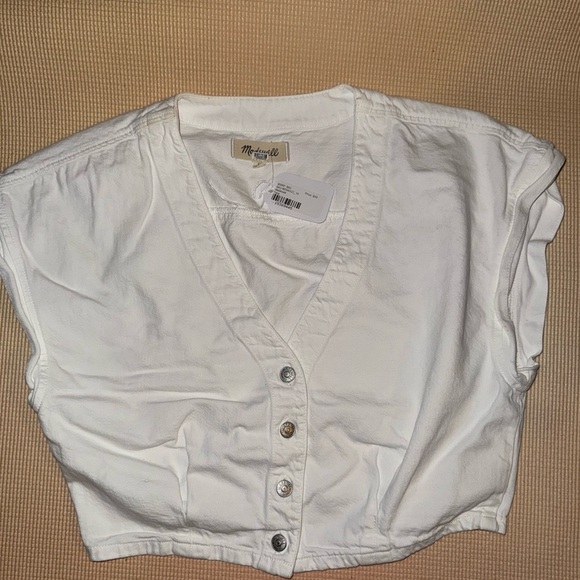 Madewell Denim Cap-Sleeve Crop Top in Tile White size 10 rent the runway - Picture 4 of 6